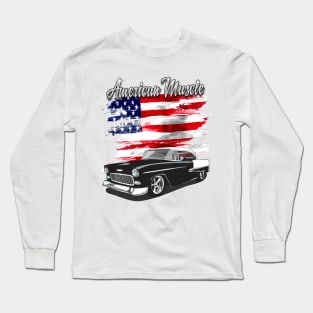 1955 Black and White Chevy Bel Air American Muscle Print Long Sleeve T-Shirt